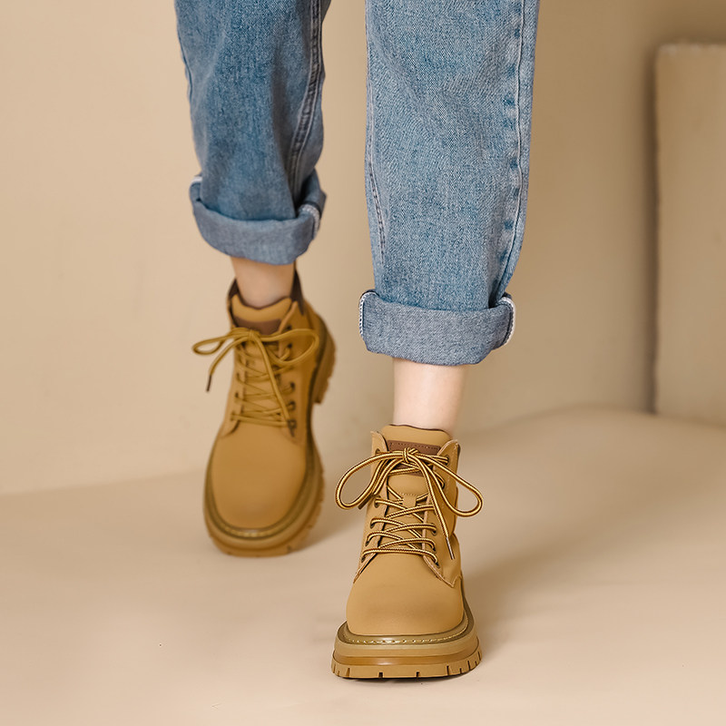 真皮马丁靴女2025年秋冬新款厚底工装大黄靴潮ins英伦风加绒短靴