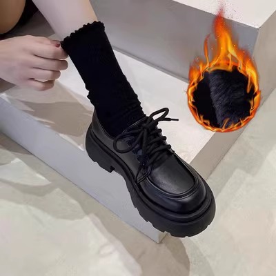 真皮厚底英伦风小皮鞋女2025秋冬季加绒黑色单鞋玛丽珍百搭乐福鞋
