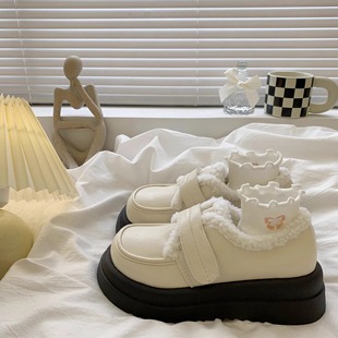 白色厚底小皮鞋女2025新款秋冬季英伦风增高大头加绒乐福单鞋棉鞋