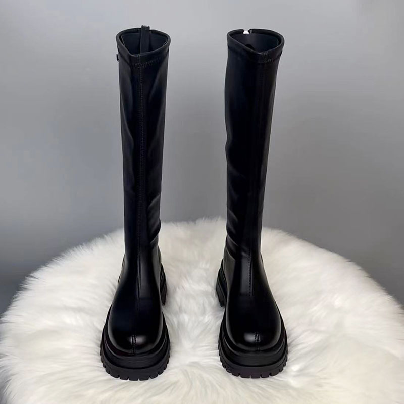 真皮厚底长筒靴女2025年秋冬季新款增高后拉炼 炼 时装骑行靴瘦瘦