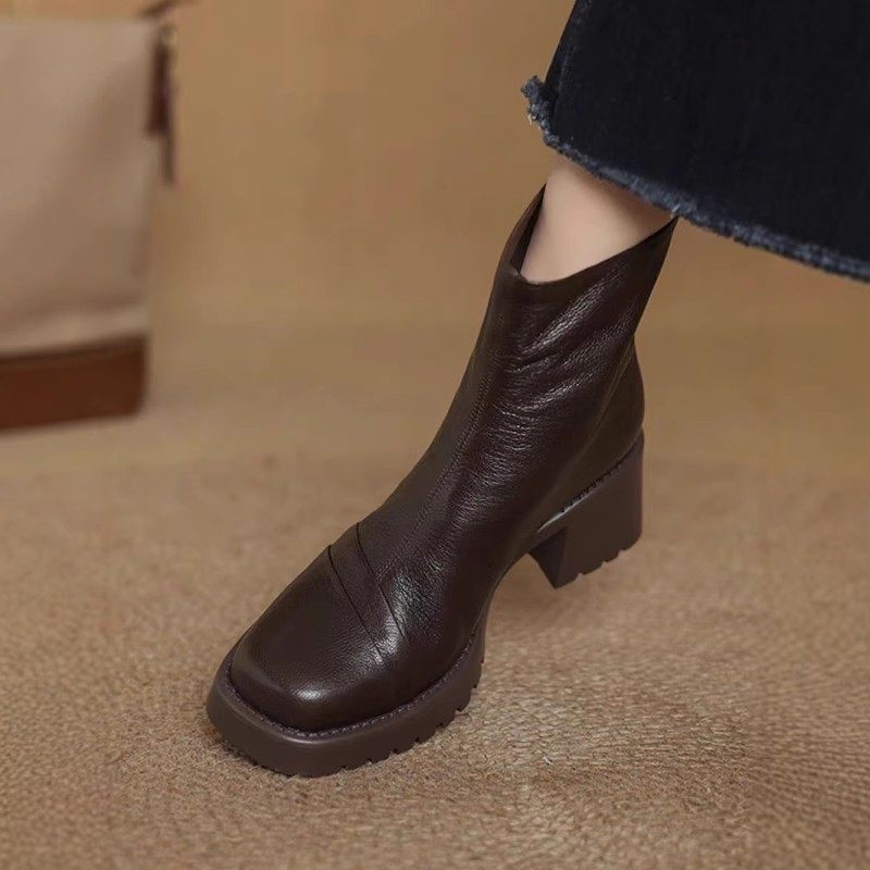 时尚方头粗跟马丁靴女2025年秋冬季新款百搭覆古休闲高跟鞋短靴子,女鞋,马丁靴,淘宝优惠券,粉丝福利购,淘宝优惠卷