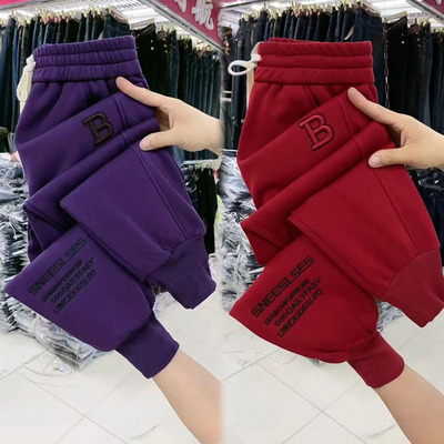 高腰加绒裤子女宽松显瘦哈伦裤