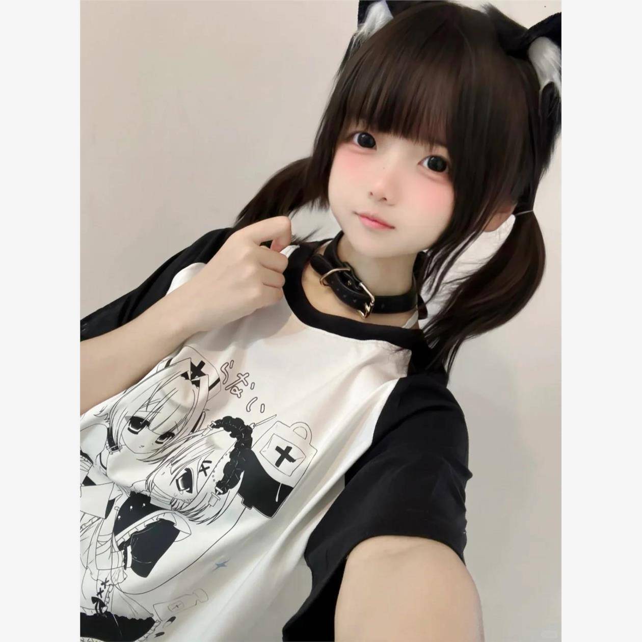 亚文化印花二次元y2k纯棉T恤小众设计双子女仆黑白插肩短袖女上衣
