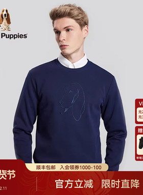 Hush Puppies暇步士男装秋季弹力挺括时尚绣花圆领长袖休闲卫衣