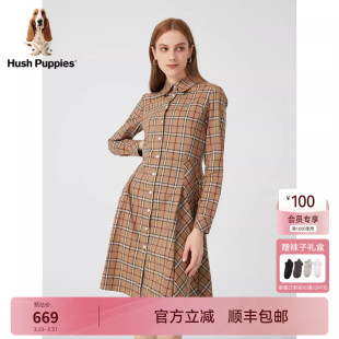 Hush Puppies暇步士女装复古格子衬衫连衣裙女春季通勤英伦风裙子