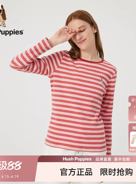 Hush Puppies暇步士女士美式休闲长袖T恤秋季红色条纹圆领衫