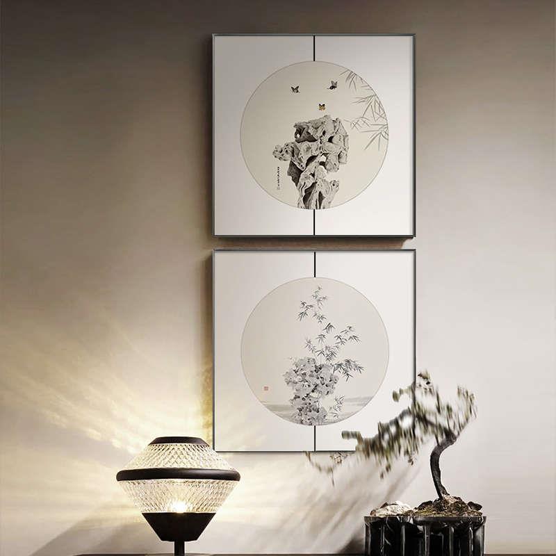 新中式方形迎客松餐厅挂画饭店包厢玄关装饰画茶室禅意山水墨壁画图片