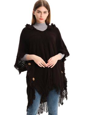 Women Fashion Shawl Plus Size Knit Button Hooded Cape Shawl
