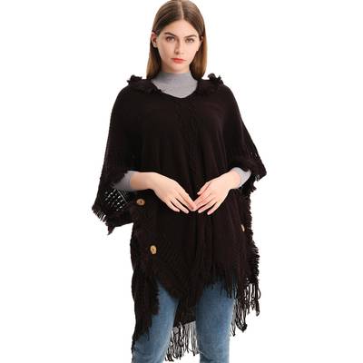 Women Fashion Shawl Plus Size Knit Button Hooded Cape Shawl