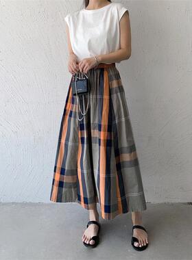 亚马逊2022秋季日韩乐天新款宽松显瘦弹力松紧千鸟格半身裙大摆裙