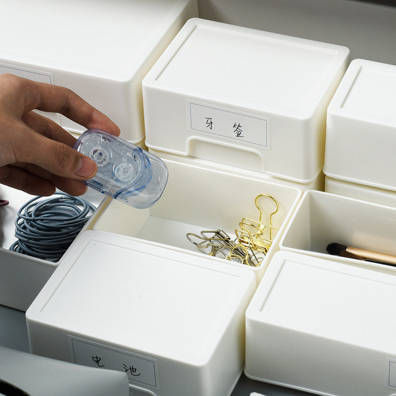 带盖整理盒信盘收纳抽屉分类储物盒文具杂物防尘口罩带标签收纳盒