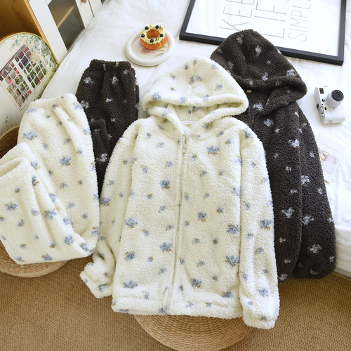 珊瑚绒睡衣家居服套装女士秋冬季加绒加厚连帽简绒长袖长裤可外穿