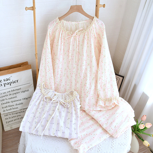 纯棉绉布睡衣女士长袖长裤套装春夏秋季双层纱布家居服双层纱布