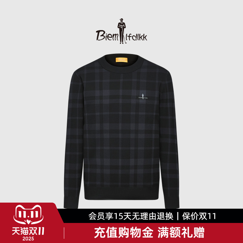 【舒适易打理】比音勒芬秋季男士复古格纹长袖圆领套头针织衫上衣
