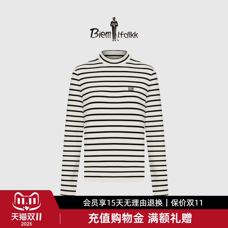 【竹节保暖绒】比音勒芬秋冬季女休闲经典条纹长袖高领T恤打底衫