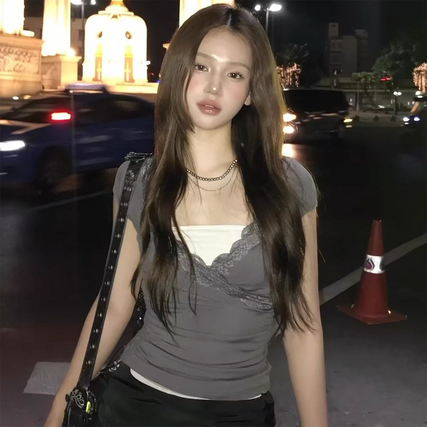 韩国SCULPTOR蕾丝拼接短袖T恤女