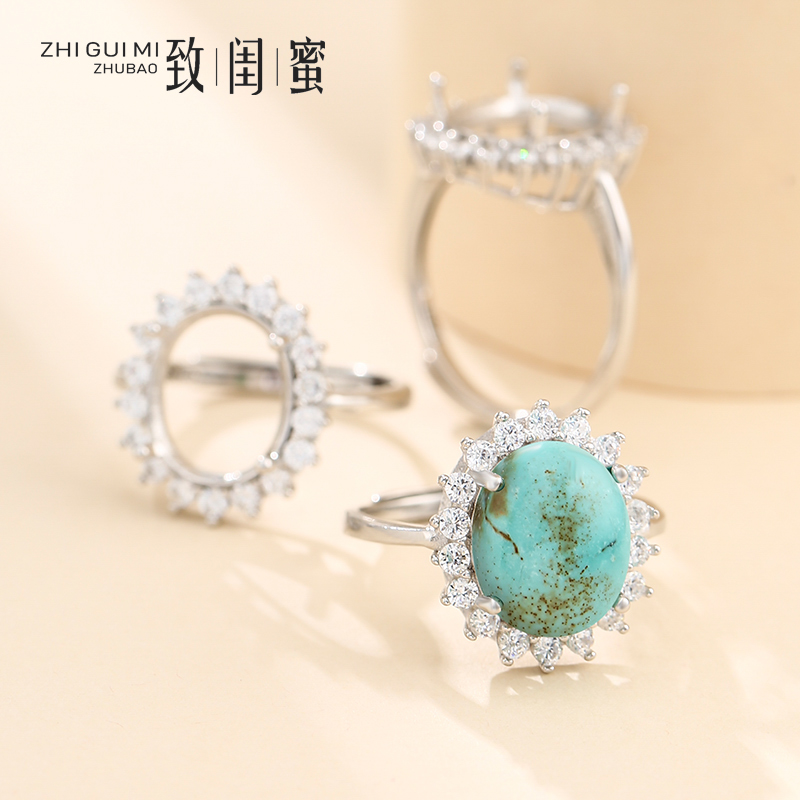 纯银戒指空托唯美椭圆形diy蜜蜡
