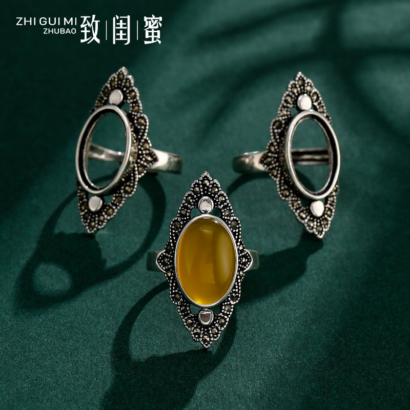 致闺蜜女复古霸气绿松石戒指空托