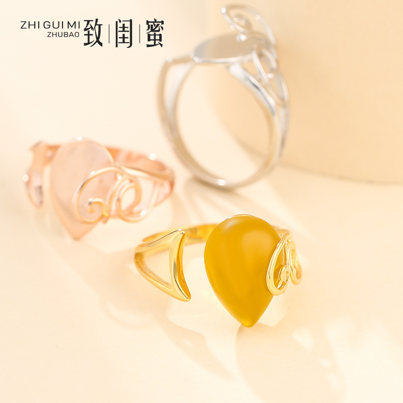 diy纯银蜜蜡琥珀水滴形戒指空托
