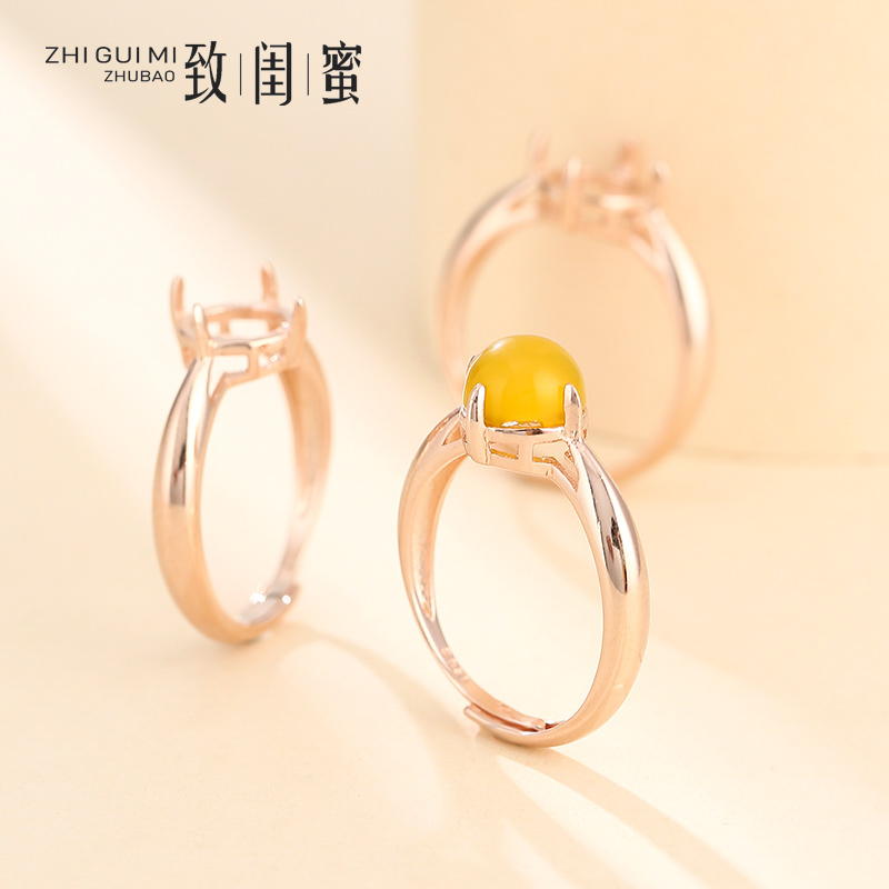 S925纯银戒指空托圆形18K玫瑰金diy戒托镶嵌蜜蜡琥珀男女戒托空托