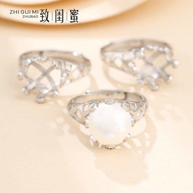 diy纯银开口可调节珍珠戒指空托图片