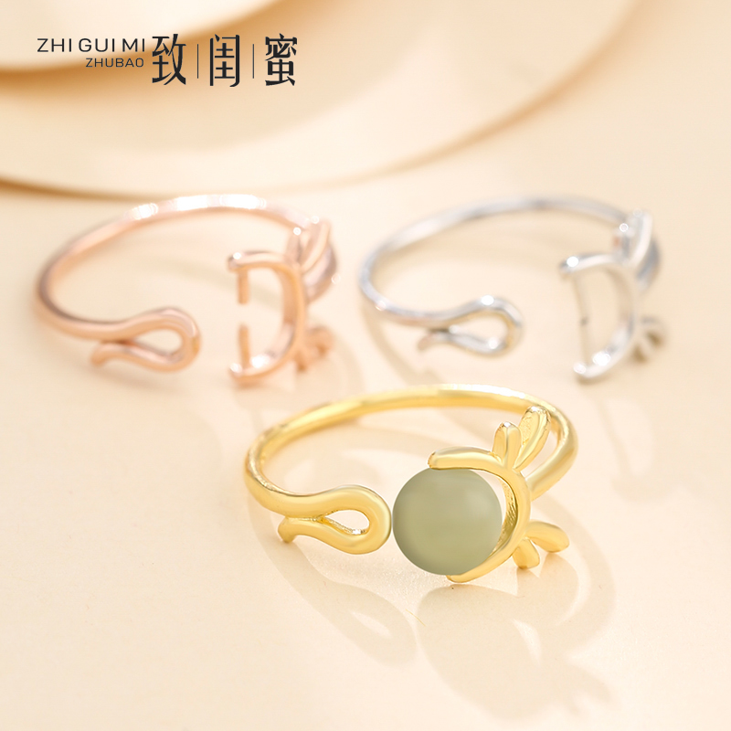 纯银鹿角卡通珍珠蜜蜡戒指空托