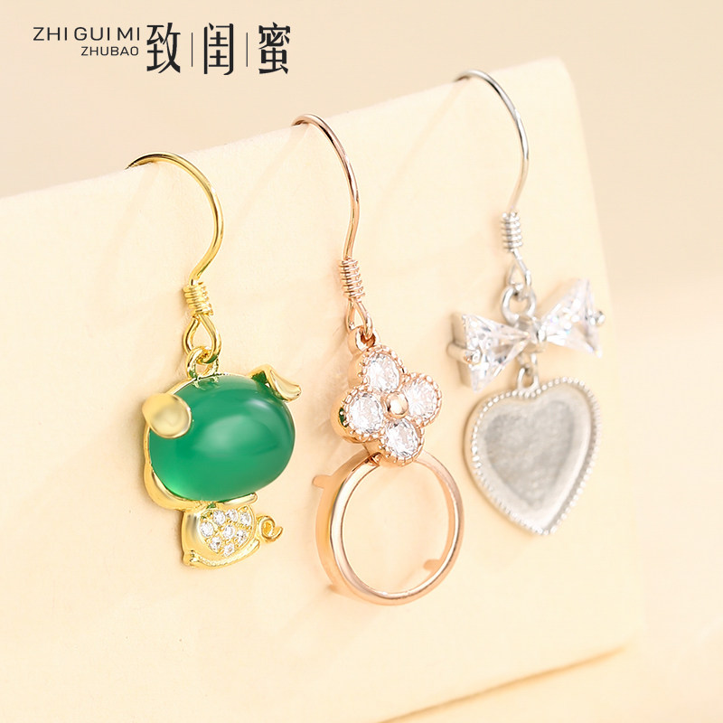 S925纯银生肖猪耳钩空托卡通爱心网红款镶嵌玉髓蜜蜡耳环耳坠空托