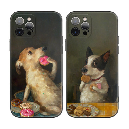 可爱贪吃狗狗油画风适用iPhone XS Max苹果17/16Promax软壳15/14pro手机壳678plus