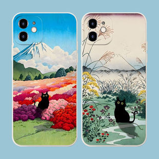 搞笑黑猫日本富士山浮世绘插画适用iPhone16Promax软壳15Pro/14plus苹果13mini手机壳12/11