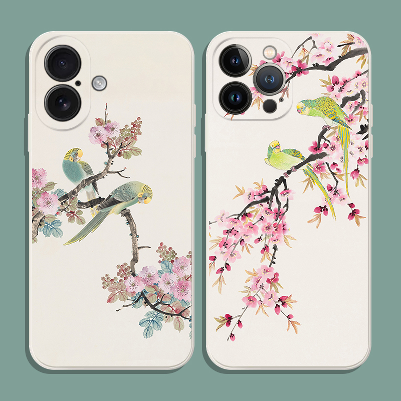 苹果iPhoneX桃花鸟鹦鹉国画