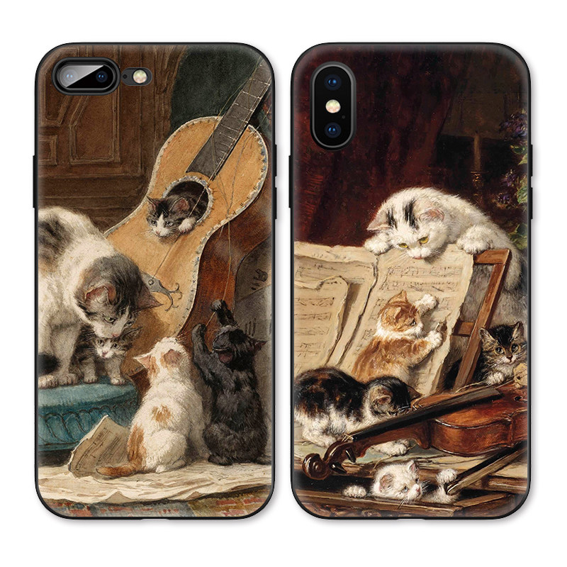 欧美油画吉他猫咪适用iPhone XS Max苹果17全包16软壳15/14pro手机壳678plus防摔X