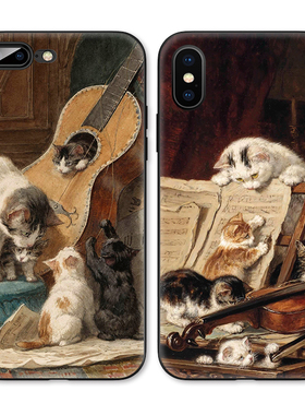 欧美油画吉他猫咪适用iPhone XS Max苹果17全包16软壳15/14pro手机壳678plus防摔X