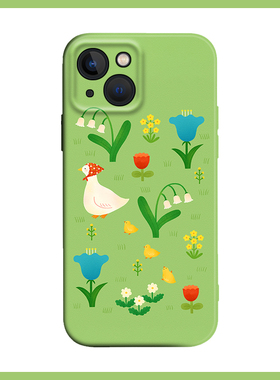 鸭妈妈和小鸭子日韩可爱小清新插画绿色适用iPhone XS Max苹果17AIR/16软壳15pro/14手机壳678plus