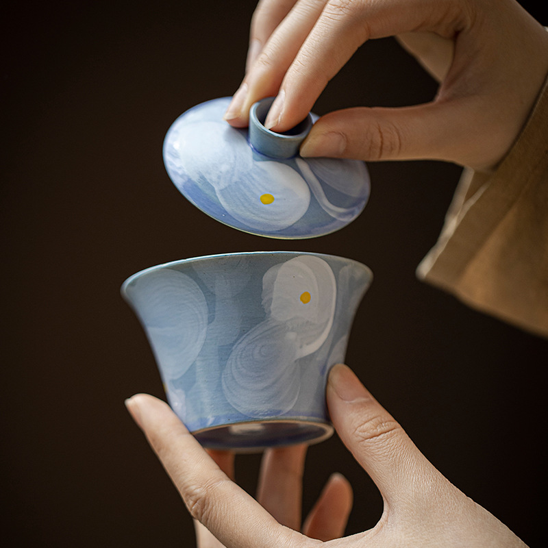 山国工夫茶诧寂风粉引手绘盖碗手工粗陶马蹄盖碗不烫手泡茶碗茶杯