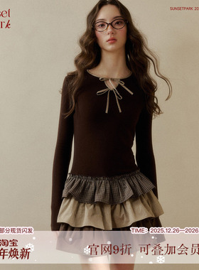 SunsetPark日落公园 复古学院秋冬叠穿感 针织拼接格纹蛋糕蓬蓬裙