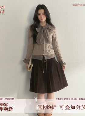 SunsetPark日落公园 复古蝴蝶结领麻花针织拼接棕/灰色学院风毛衣