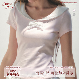 SunsetPark日落公园 T恤上衣 Daily_彼得潘领蕾丝蝴蝶结复古短袖