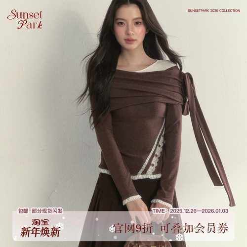 韩系学姐飘带斜肩长袖T