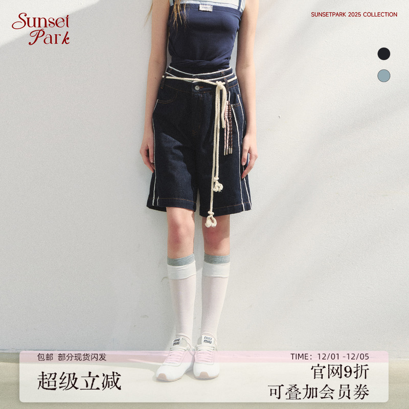 SunsetPark日落公园 复古百搭花边设计点彩点牛仔中裤（送腰绳）