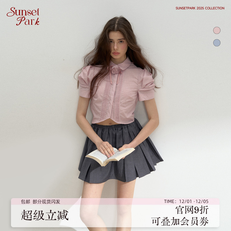 SunsetPark日落公园 学院风塔克褶泡泡袖短款竖条纹复古时髦衬衫