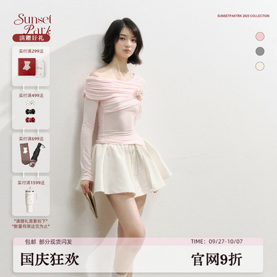 SunsetPark Daily/日落公园 粉/灰/白设计感斜肩量感抽褶长袖T恤
