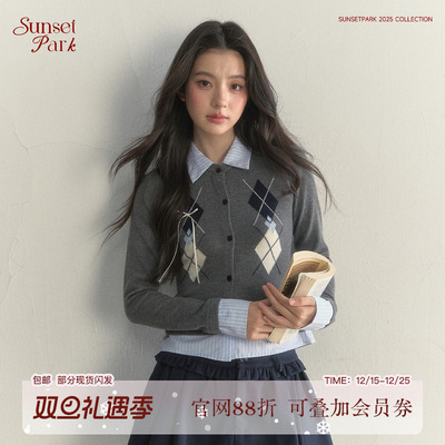 SunsetPark日落公园 复古假两件拼接衬衫菱格学院风针织毛衣上衣