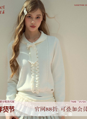 SunsetPark日落公园 森林温暖灰/白木耳花边领结长袖针织毛衣内搭