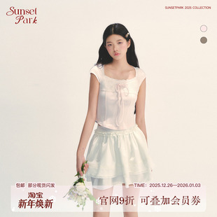 棉蕾丝拼接短袖 日落公园 亲肤设计百搭上衣T恤 Daily SunsetPark