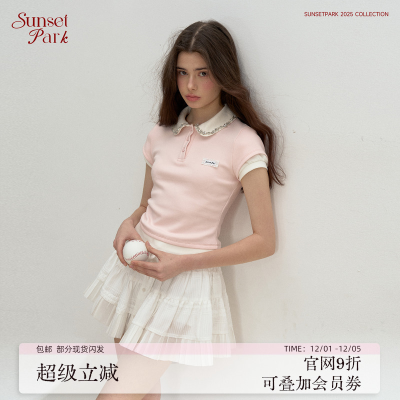 SunsetPark日落公园 粉蓝灰拼接假两件Polo水钻领短袖弹力T恤上衣