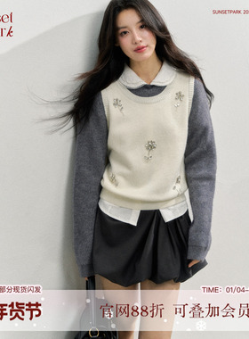 SunsetPark日落公园 设计感灰白撞色假两件钉砖针织上衣内搭秋冬