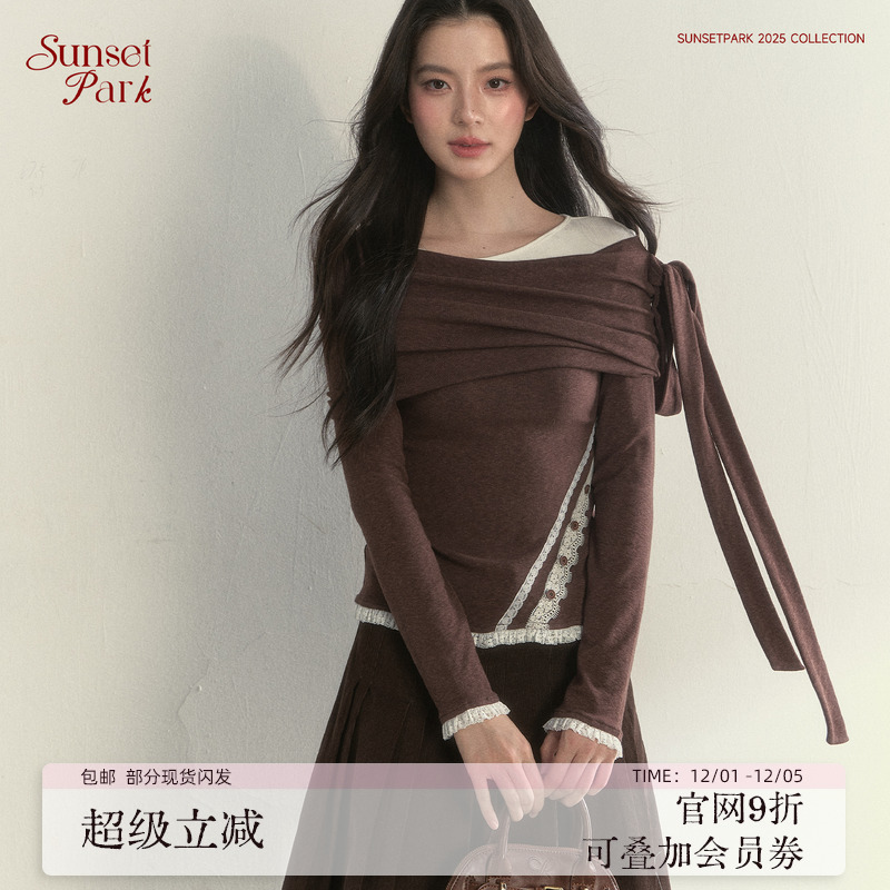 韩系学姐飘带斜肩长袖T