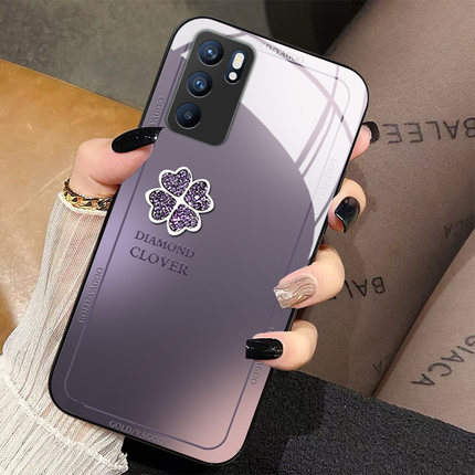 钻石四叶草适用opporeno8手机壳reno7暗夜紫reno6新款reno5pro+保护套reno4se高级oppofindx5女x3玻璃硅胶x2