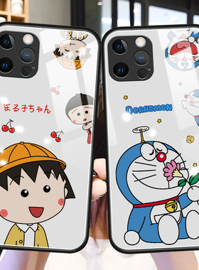 卡通叮当猫苹果12手机壳玻璃iphone13promax网红创意12mini适用防摔xs硅胶新款xsmax小丸子xr十二x女生保护套
