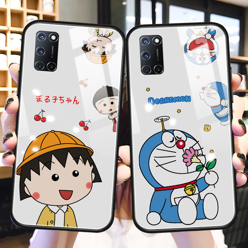 卡通叮当猫oppoa52手机壳玻璃a92s网红创意a83适用防摔a1硅胶a57新款a77/a79/a73小丸子a39女生a59s保护套a37